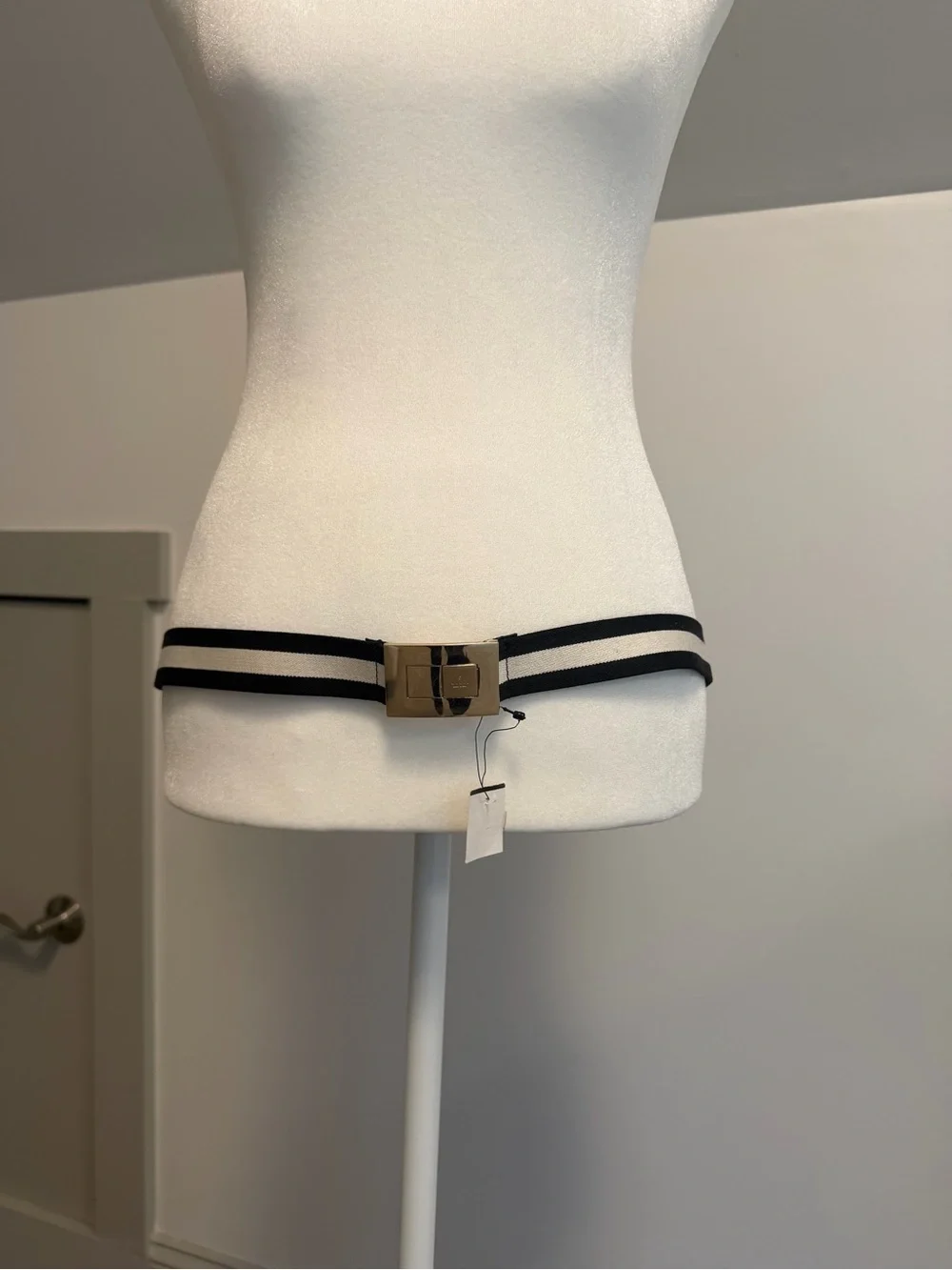 Gucci Black Ivory Canvas Web Belt Gold Tone Square Buckle Size 90 36 Vintage